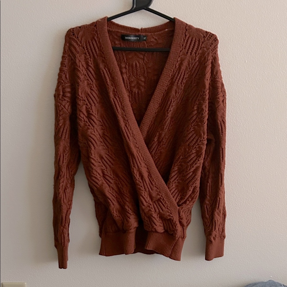 Cozy Rust V-Neck Faux Wrap Knit Pointelle Ribbed Cuffs/Hem Pullover Sweater